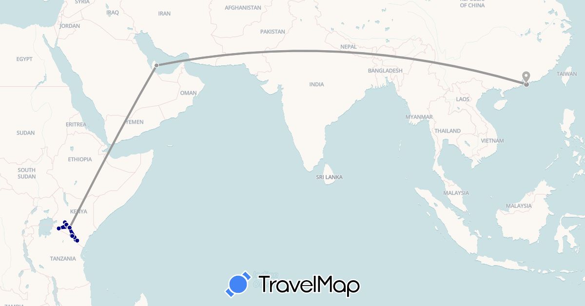 TravelMap itinerary: driving, plane in Hong Kong, Kenya, Qatar (Africa, Asia)